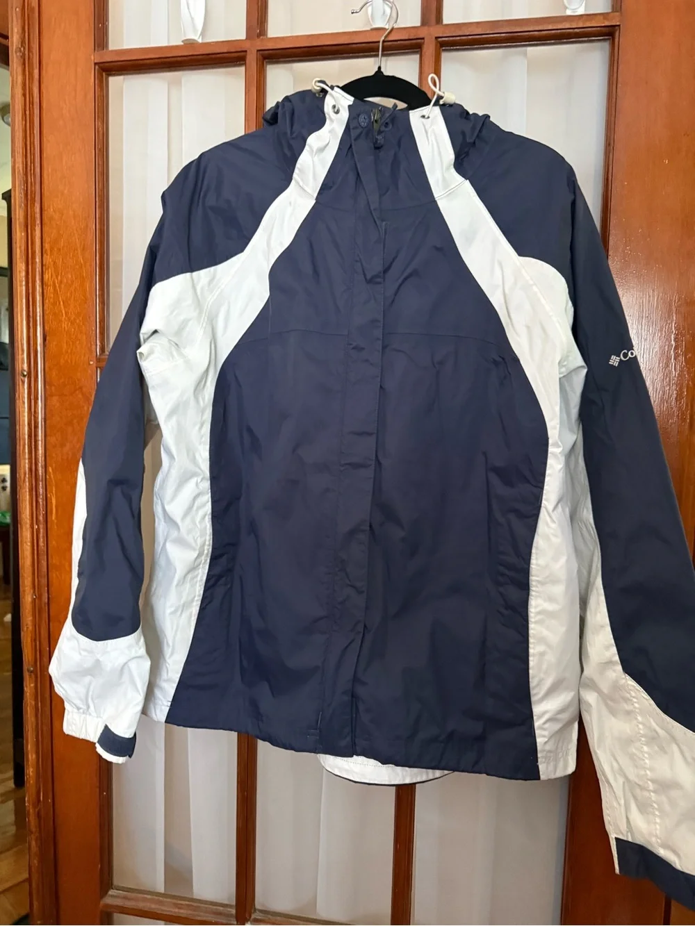 Columbia Navy and White Hooded Rain Jacket